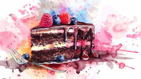 chocolate cake flat design side view theme birthday water color Triadic Color Schemeの素材