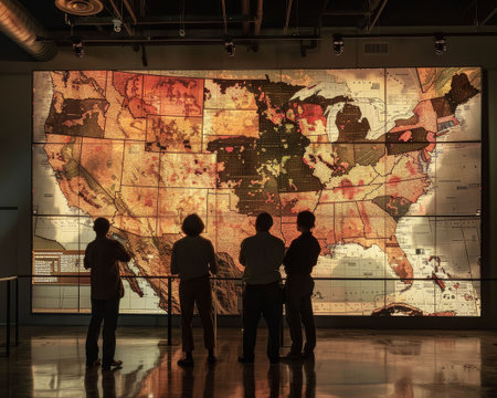 An interactive map installation displaying migration patterns of workers throughout history, showing how labor has shaped regionsの素材