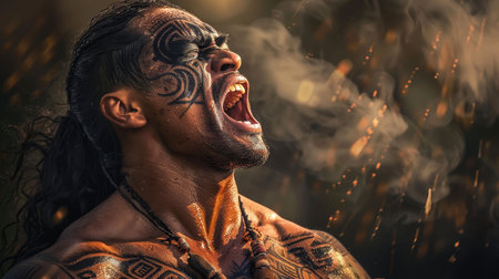 Maori haka performance, intense and powerful, digital art, cultural pride and heritageの素材
