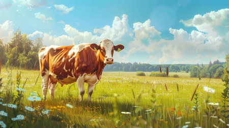 Livestock monitoring using wearable tech, cows in a field, clear and sunny day, realistic digital paintingの素材