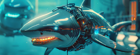 Hightech shark with robotic features and neon highlights, Scifi, Cool tones, Sharp focus, 3D illustrationの素材