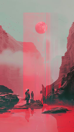 Illustrate a game-changing invention in an expansive long shot amidst a serene natural setting Explore unexpected camera angles to unveil the depth of innovation within familiar landscapes,の素材