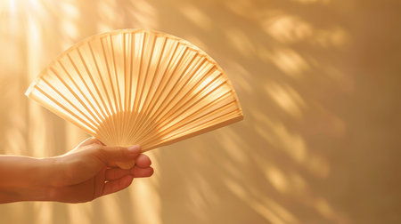 A hand holding an elegant wooden fan against a softly lit background, capturing the essence of tranquility and grace.の素材