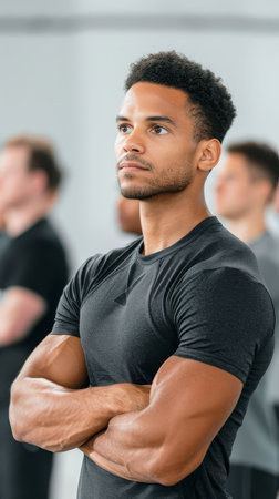 A focused young man stands confidently in a group, showcasing determination and strength during a fitness or training session.の素材