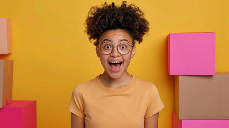 A joyful girl with curly hair expresses excitement in front of colorful boxes, perfect for vibrant and cheerful projects.の素材