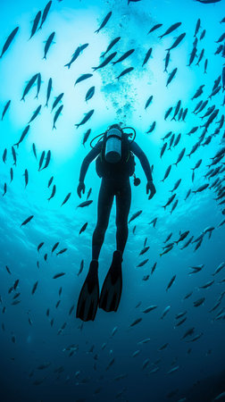 A diver explores the vibrant underwater world, surrounded by schools of fish in a stunning oceanic setting.の素材