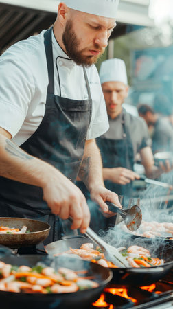 A chef skillfully preparing gourmet dishes over an open flame in a vibrant outdoor kitchen setting, enhancing culinary delight.の素材