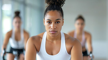Focused woman engaging in a workout session, epitomizing strength and determination in a modern fitness studio environment.の素材