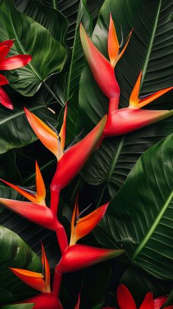 Vibrant red and orange heliconia flowers surrounded by lush green tropical leaves, showcasing nature's stunning color palette.の素材