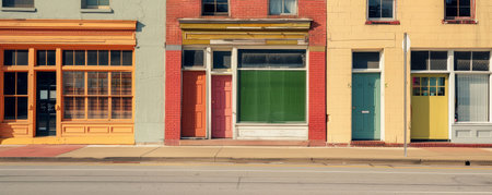 Colorful storefronts line the street, showcasing unique architecture and vibrant hues that enhance urban charm and appeal.の素材