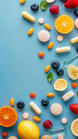 A vibrant layout of colorful fruits and supplements on a blue background, showcasing healthy lifestyle choices and vibrant wellness.の素材
