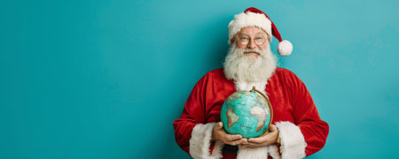 Santa Claus holds a globe against a bright blue background, capturing the spirit of travel and holiday joy.の素材