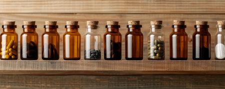 A collection of vintage glass bottles on a wooden shelf, featuring various herbs, spices, and powders in elegant brown and clear jars.の素材