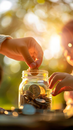 Hands placing coins into a jar during sunset, symbolizing savings, financial growth, and family bonding in a warm, natural setting.の素材