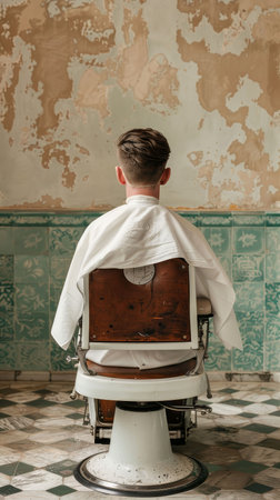 A vintage barber chair with a young man eagerly waiting for a haircut in a charming, rustic barbershop setting.の素材