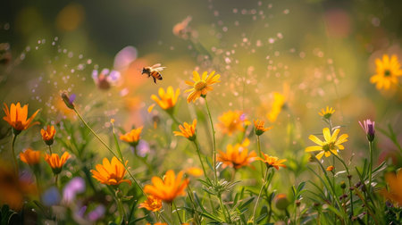 A vibrant field of wildflowers in bloom, showcasing a beautiful blend of colors and attracting buzzing bees under the warm sunlight.の素材