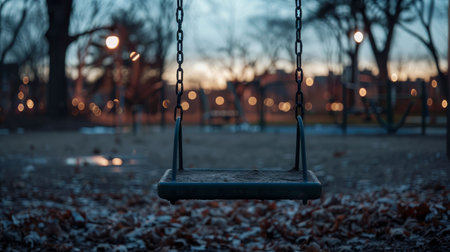 A solitary swing hangs in an empty park at dusk, surrounded by fallen leaves and soft glimmers of distant city lights.の素材