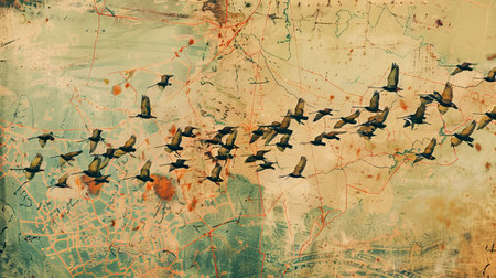 A mesmerizing formation of birds in flight against a textured background, embodying movement and freedom in nature.の素材