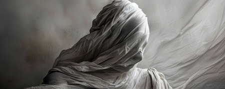 A mysterious figure draped in flowing white fabric, evoking themes of enigma and transcendence in a surreal, ethereal landscape.の素材