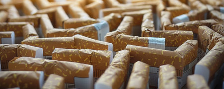 A close-up view of meticulously arranged rows of cigarettes, showcasing intricate packaging and patterns.の素材