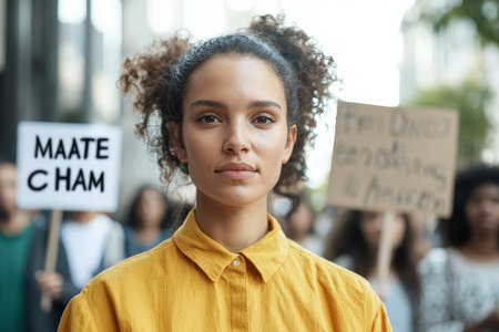 A determined woman stands confidently in a protest, showcasing solidarity and strength for social justice.の素材