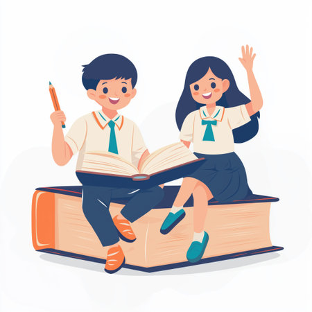 Boy and girl in school uniform sitting on books and reading a book. Vector illustration.の素材