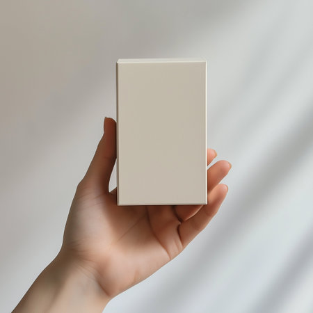 Female hand holding a white box for cosmetics on a white background.の素材