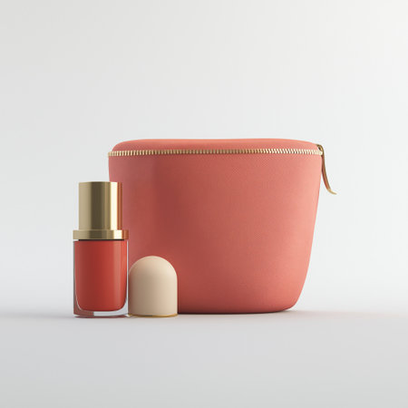 Cosmetic bag and lipstick on a white background. 3d renderingの素材