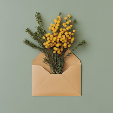 Bouquet of mimosa flowers in an envelope on a green backgroundの素材