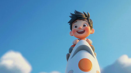 3D render of a cartoon character on a rocket against a blue skyの素材