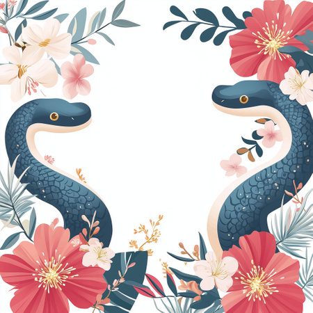 Cute snake and flowers frame. Vector illustration in cartoon style.の素材