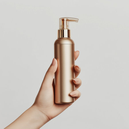 Female hand holding bottle of cosmetic product on white background, closeupの素材