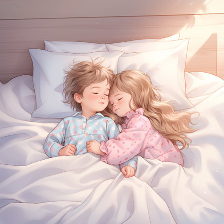 Cute little girl and boy sleeping in the bed at home.の素材