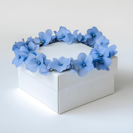 Gift box with blue flowers on white background. 3d renderの素材