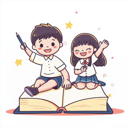 Illustration of a little boy and girl reading a book together.の素材