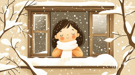 Cute little girl in winter window with snow. Vector illustration.の素材