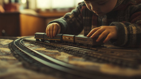 Little boy playing with toy train at home. Selective focus.の素材