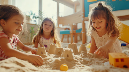 Cute little girls playing with sand in playroom at home. Children play with building blocks.の素材