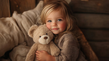 Cute little girl with teddy bear at home, closeupの素材