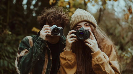 young couple taking photos with vintage camera in autumn park. Focus on cameraの素材