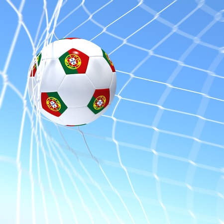 3d rendering of a XXXXX flag on soccer ball in a netの写真素材