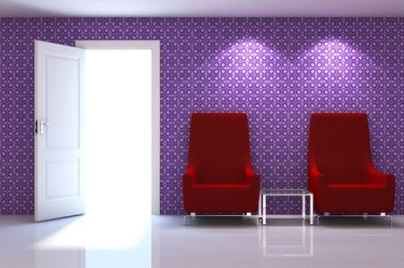 3d interior scene of a red couch on white classic wallの写真素材