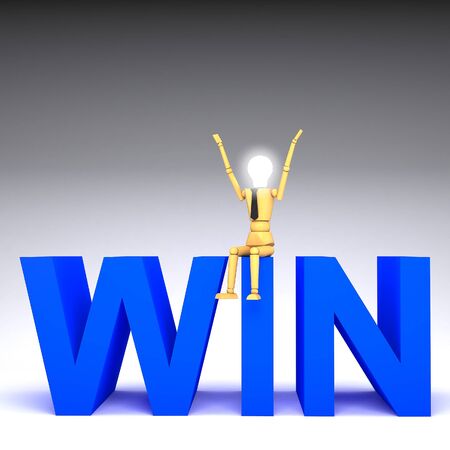 The wooden doll with win word 3d illustrationの写真素材