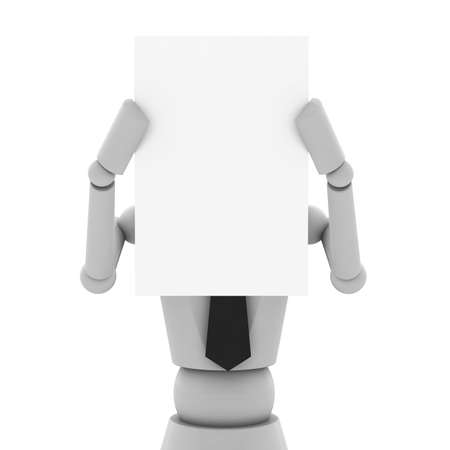 Business doll showing a blank paper in front of faceの写真素材
