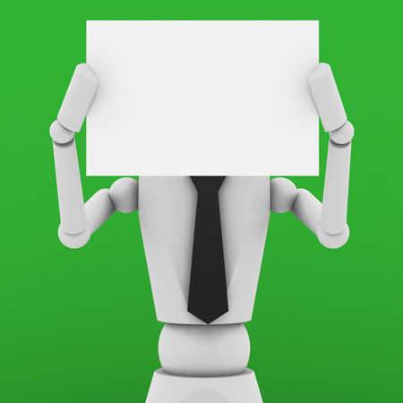 Business doll showing a blank paper in front of faceの写真素材