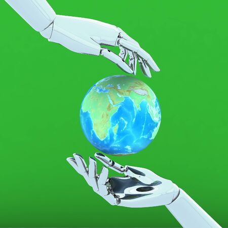 3d hands isolate on green backgroundの写真素材