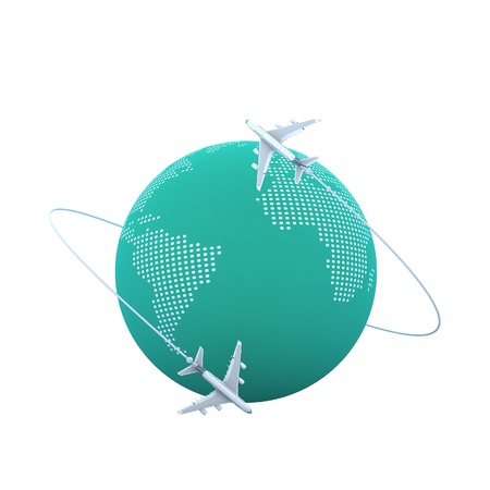 3d Planes flying around the globeの写真素材