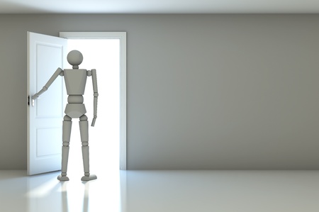 3d businessman in white room with doors openの写真素材