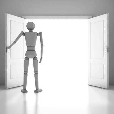 3d businessman in white room with doors openの写真素材