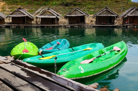 kayaks in lake on Ratchaprapa Dam,Khao Sok,Thailandの写真素材